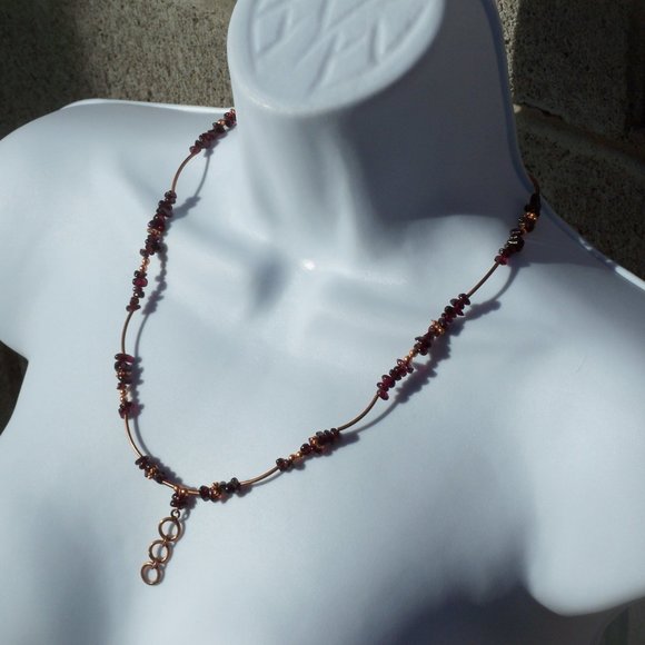 Handmade Necklace with Red Garnets and Bronze Coated Brass Tube Beads  21.5 IN - Picture 6 of 10